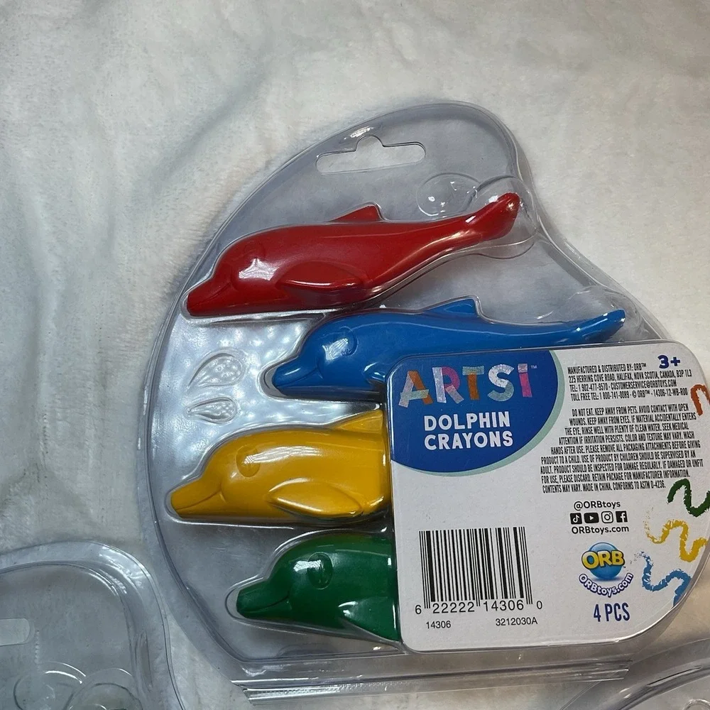 NEW LOT OF 3 Artsi Dolphin shape Crayons set 4 pc Red, Yellow, Blue, Green *